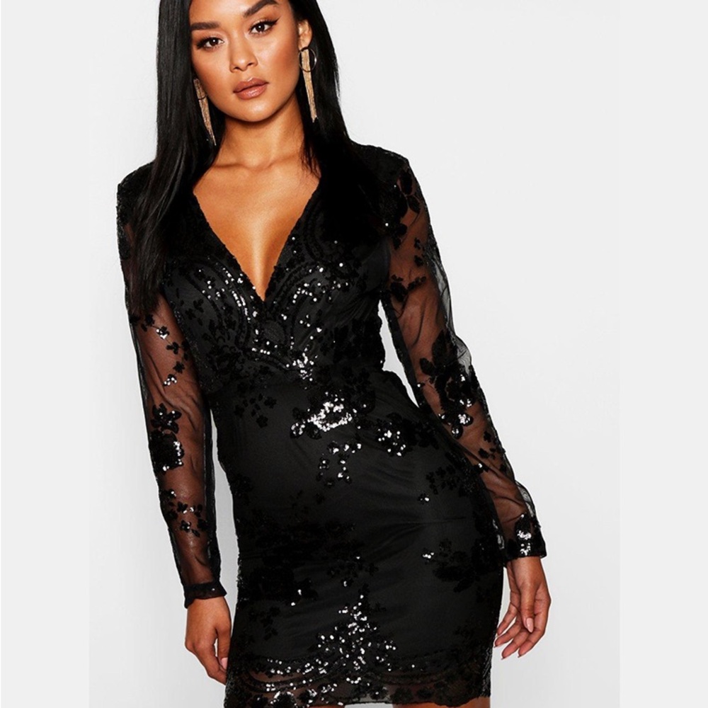 BOOHOO BOUTIQUE SEQUINED MESH PLUNGE BODYCON MINI DRESS BLACK NWT SZ 10